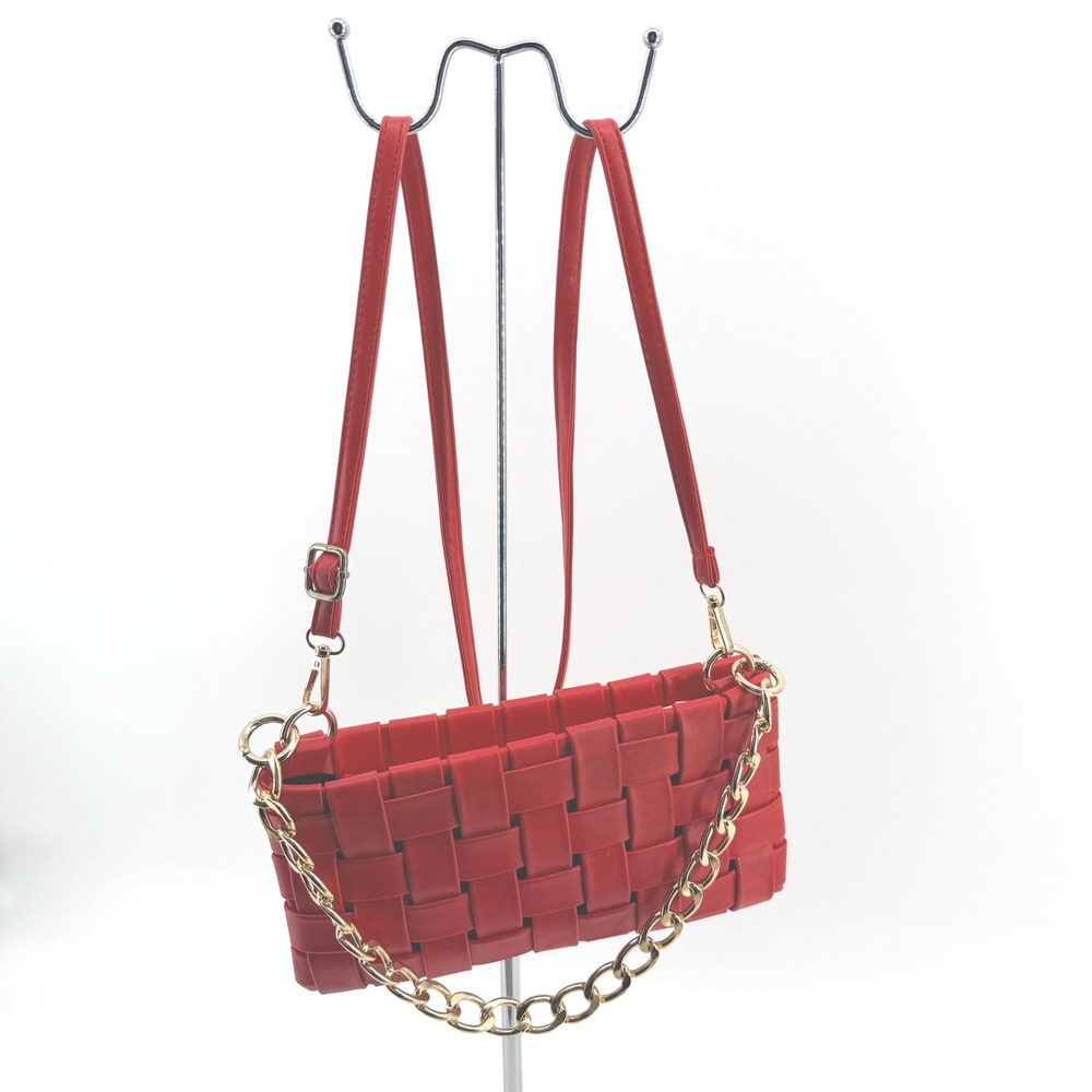 Red Woven Crossbody Bag Gold Chain Accent Strap Small Handbag Faux Leather Retro